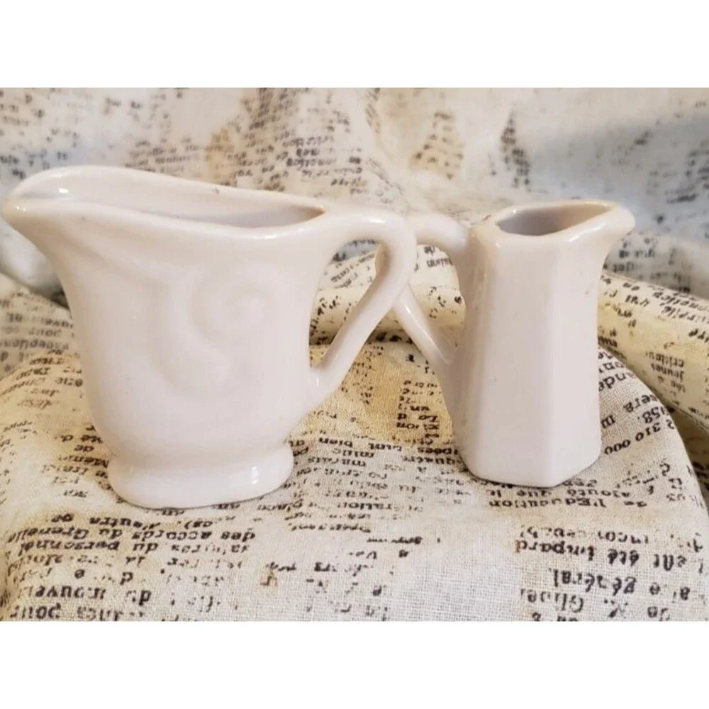 Artsy, Colorful - 2 White Vintage Miniature Pitchers w/ Fruit and Floral Details